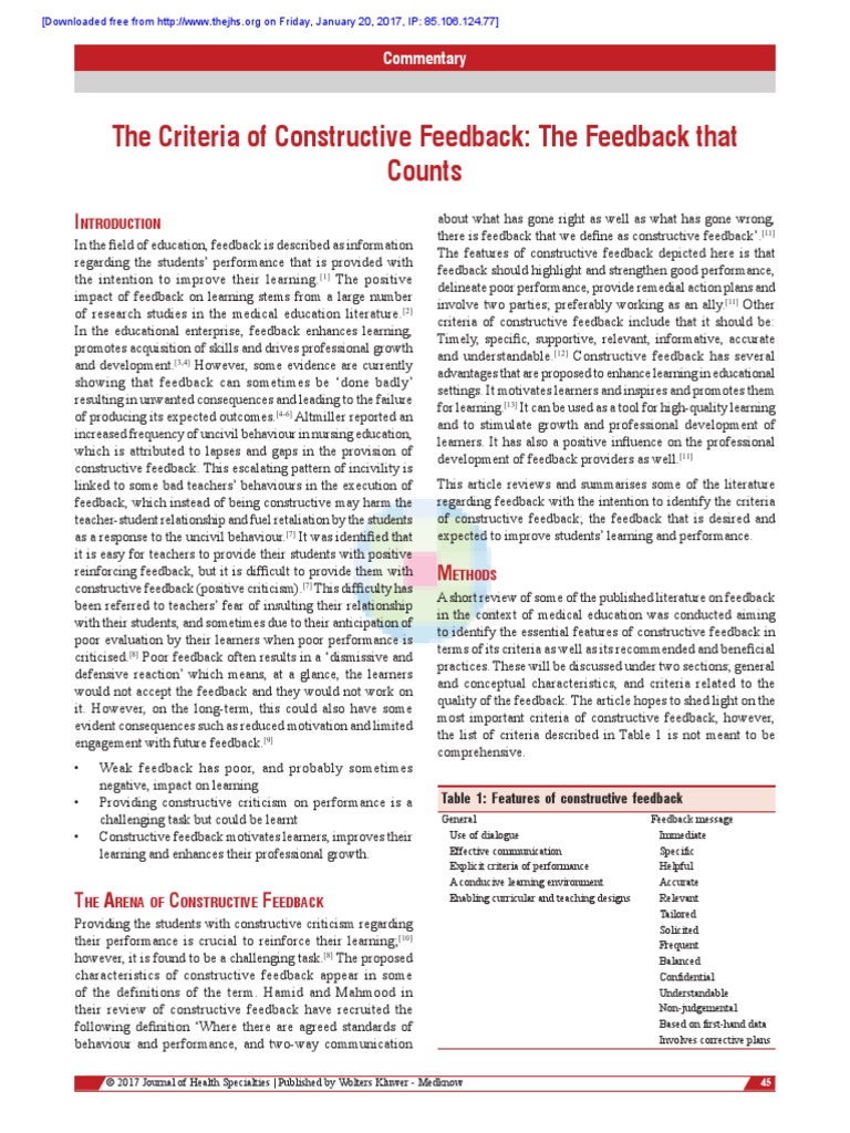 The Criteria of Constructive Feedback The Feedback | PDF | Motivation ...