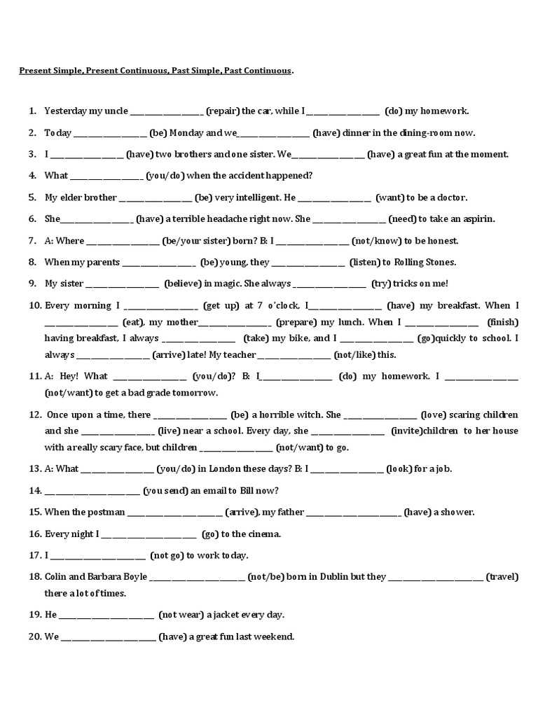 Present Simple Present Continuous Past Simple Past Continuous Exercises Pdf
