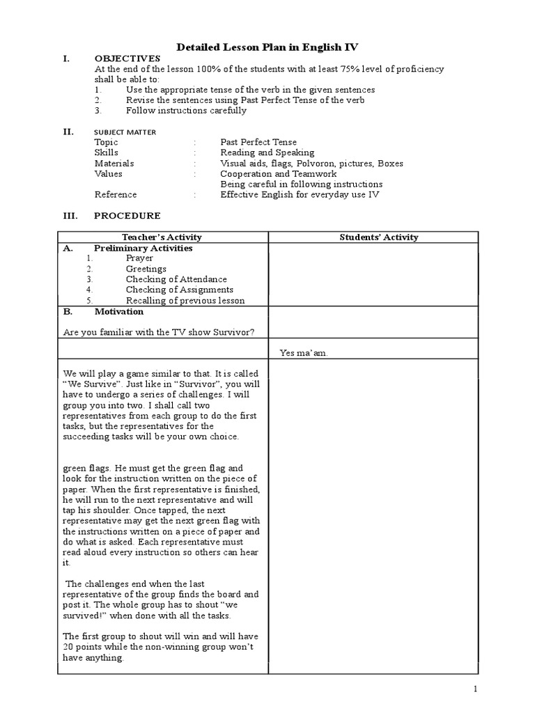 Past Perfect Tense Lesson Plan | PDF | Perfect (Grammar) | Grammatical ...