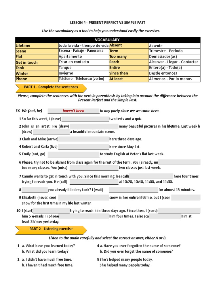 Present Perfect vs Simple Past Exercises | PDF | Linguistics | Grammar
