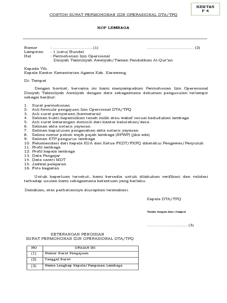 01 Contoh Surat Permohonan Izin Operasional Dta Dan Tpq