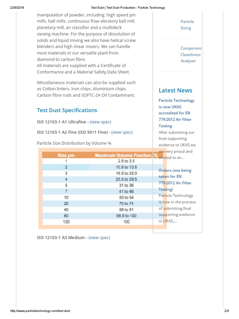 Test Dust Specifications Overview | PDF | Particle Size Distribution ...