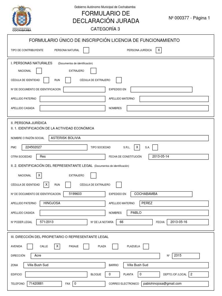 Formulario de declaraci n jurada negocios