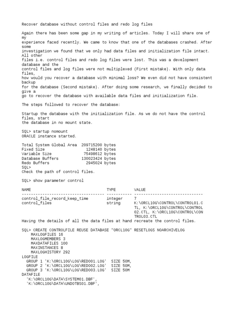Recovering Oracle Database Without Logs | PDF | Databases | Information ...