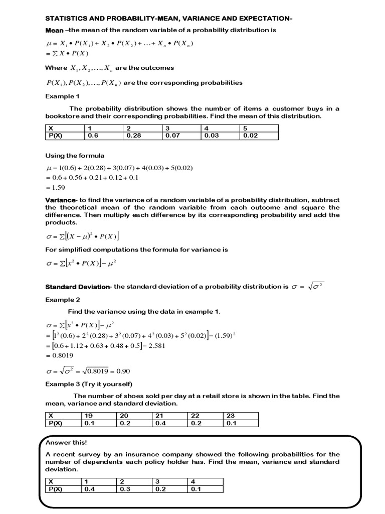 Mean, Variance and Standard Deviation Notes PDF