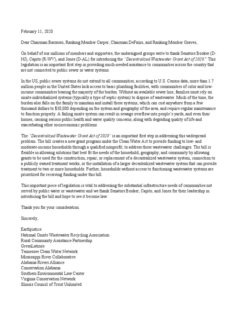 Support Letter Decentralized Wastewater Grant Act 2.11.20 PDF