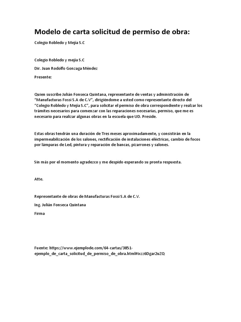 Modelo De Carta Solicitud De Permiso De Obra