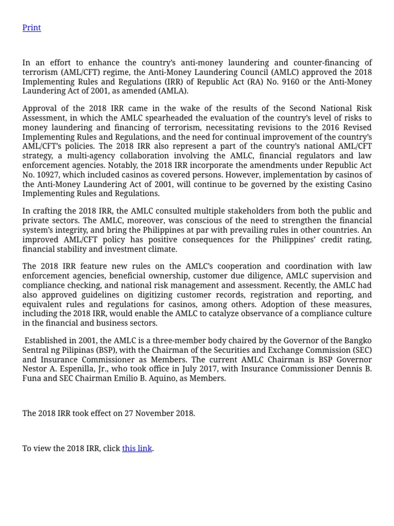 Amlc Approves 2018 Implementing Rules and Regulations of The Amla | PDF ...