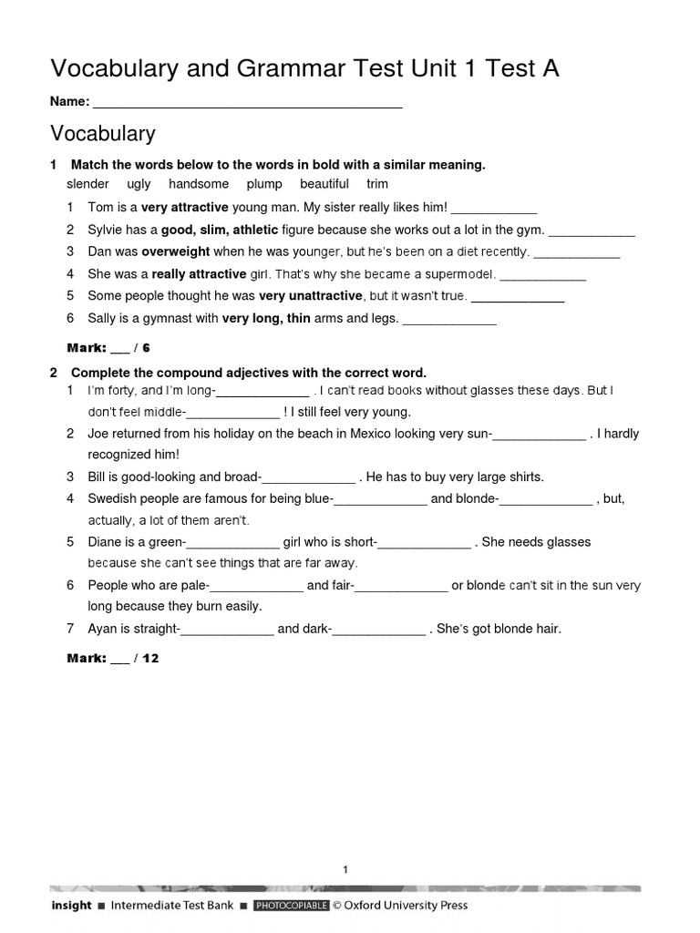 Unit 1 Vocabulary and Grammar Test A | PDF | Clothing