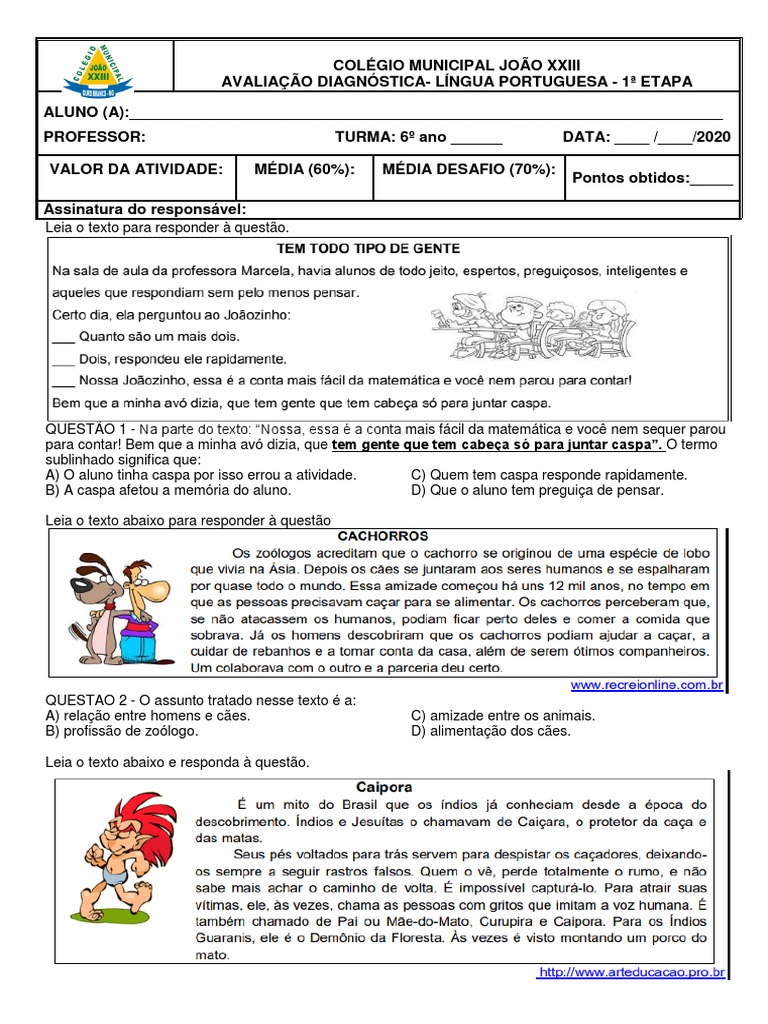 Avaliação Diagnóstica 6º Ano Português | PDF | Idiomas
