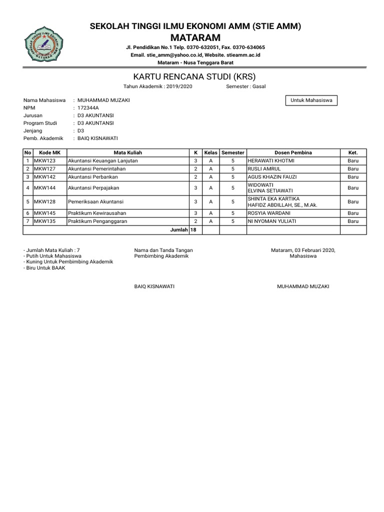 Kartu Rencana Studi Mahasiswa D3 AKUNTANSI | PDF