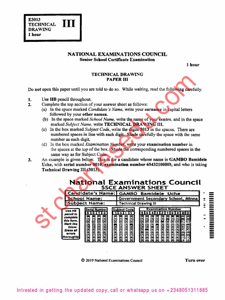 Technical Drawing NECO Past Questions Paper 3 & 4 PDF