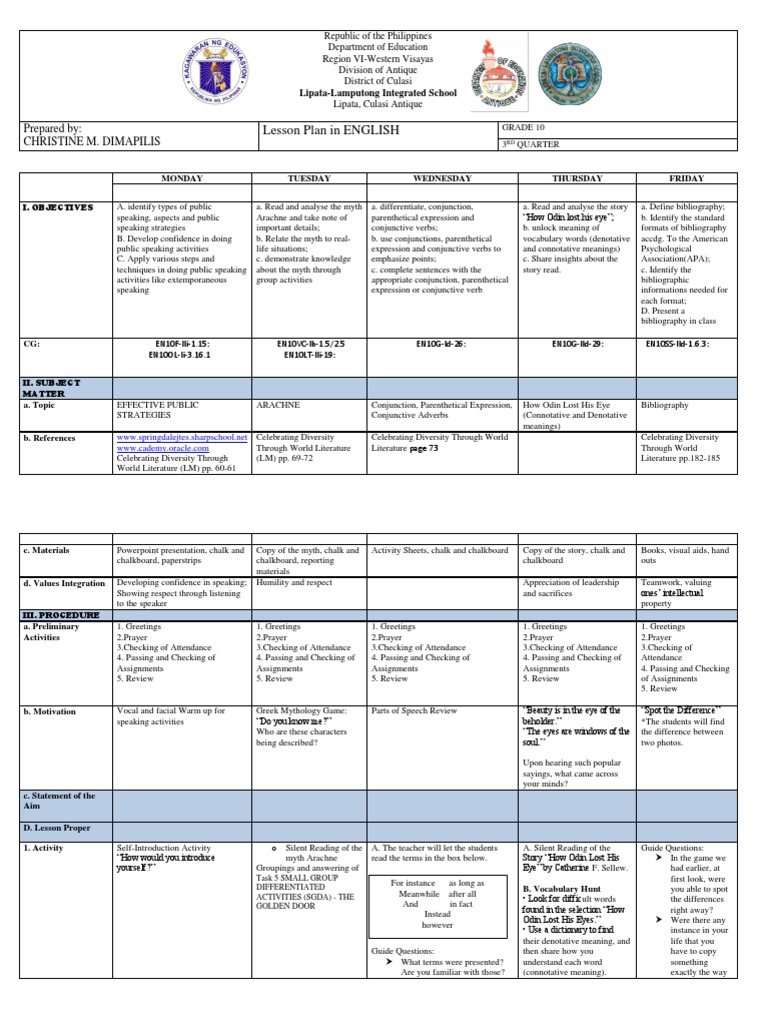 GRADE 10 ENGLISH Tabular Lesson | PDF | Adverb | Bibliography