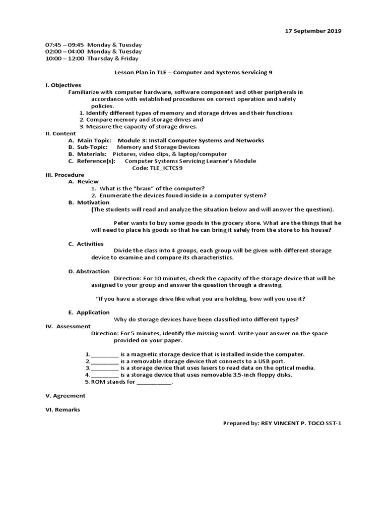 Memory and Storage Devices Lesson Plan PDF Computer Data Storage