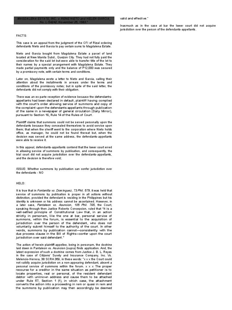 Service of Summons by Publication Fails to Confer Jurisdiction in