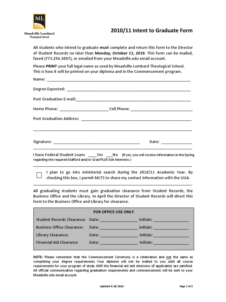 2010-11 Intent To Graduate Form | PDF | Graduation | Postgraduate Education