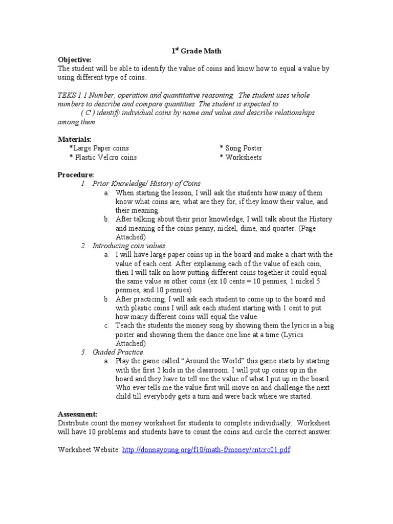 1St Grade Math Lesson Plan | Pdf | Penny (United States Coin) | Nickel (United States Coin)