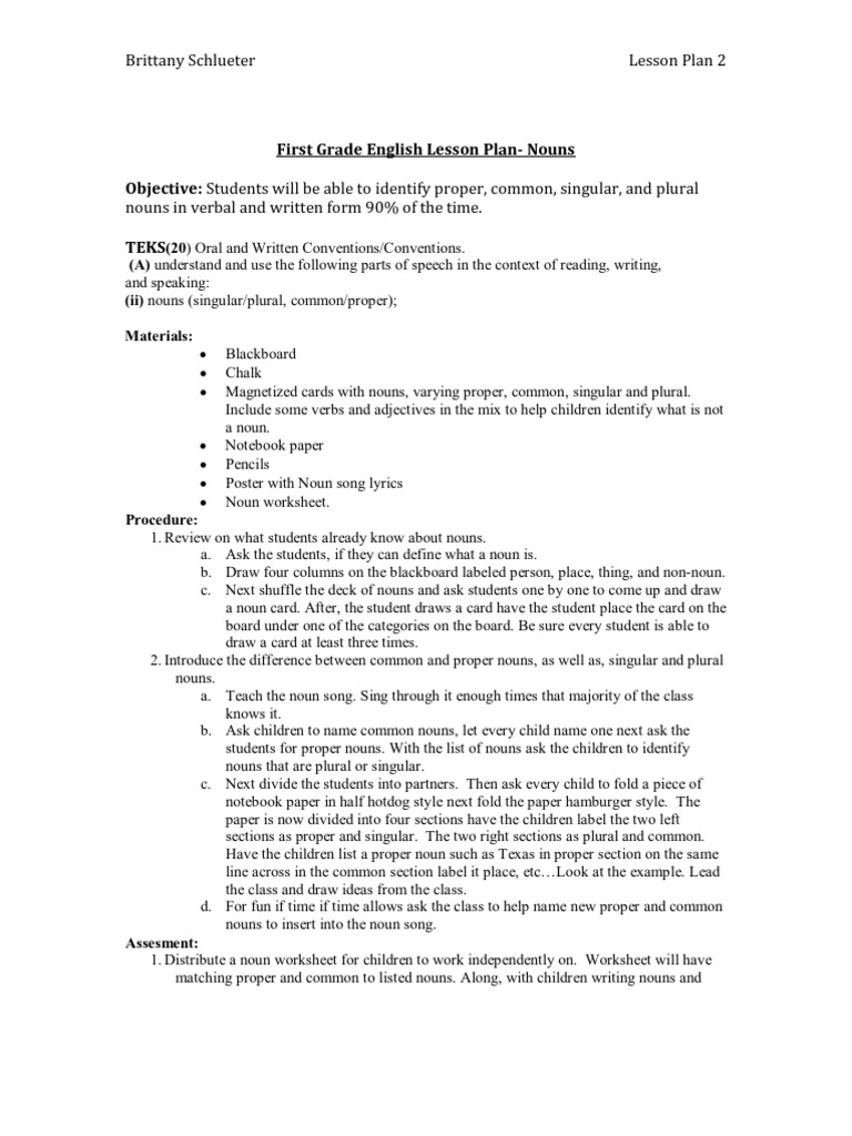 Brittanyschlueterlessonplan 2 | PDF | Grammatical Number | Plural