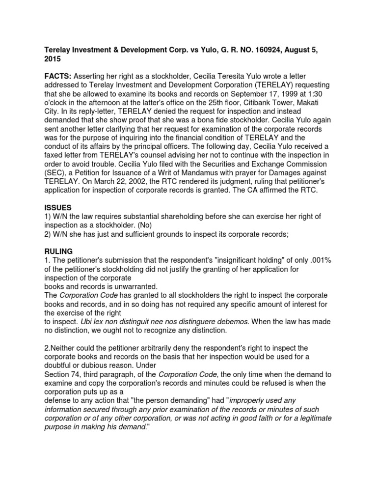 Terelay Investment & Development Corp. Vs Yulo, G. R. NO. 160924