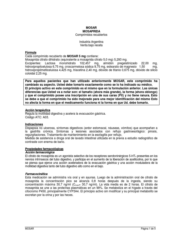 Uso y Efectos de Mosaprida 5 mg | PDF | Tableta (Farmacia ...