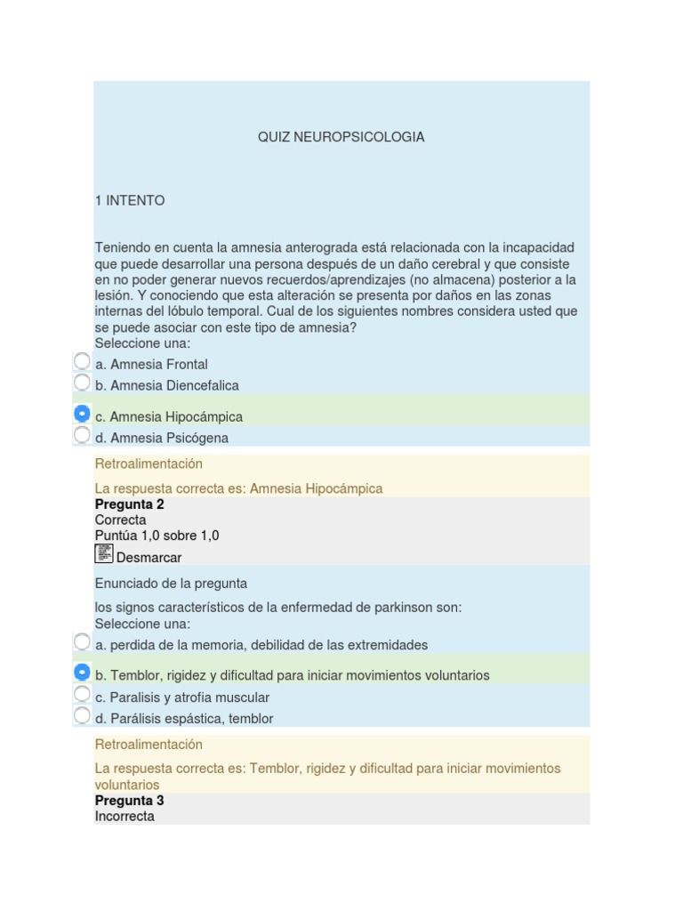 Quiz Opsicologia | PDF | Amnesia | Memoria