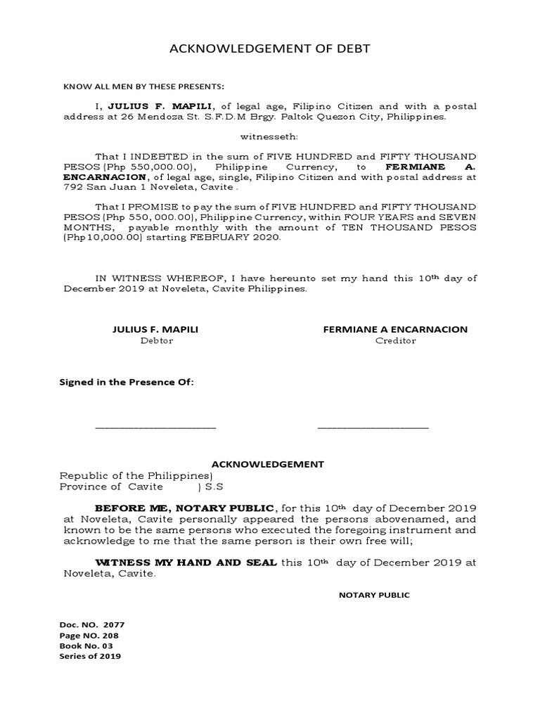 Acknowledgment of Debt Agreement | PDF | Social Science | Law