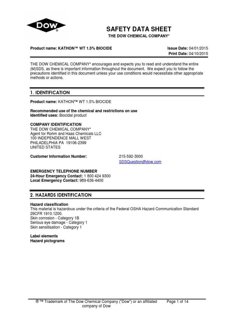 Kathon WT 1.5 Percent Biocide PDF PDF Toxicity Physical Sciences