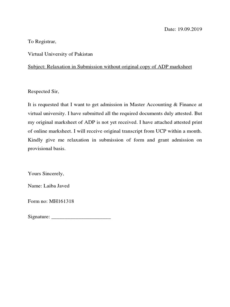 Application For Missing Marksheet