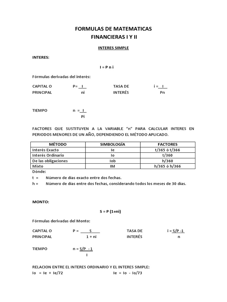 Fórmulas de Matemáticas Financieras | PDF | Interés | Enseñanza de ...