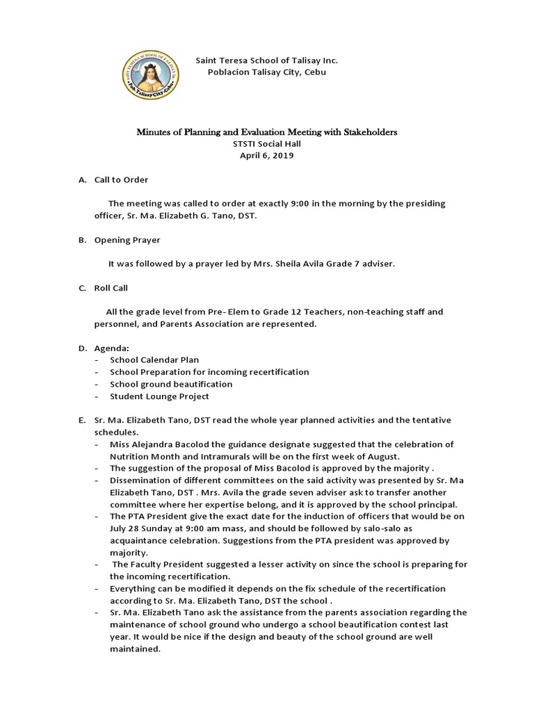 Minutes of Planning and Evaluation Meeting With Stakeholders | PDF ...