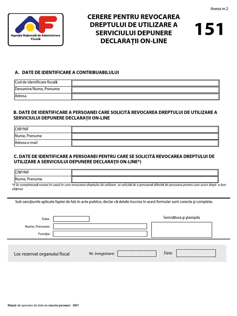 Formular 151 - Cerere Pentru Revocarea Dreptului de Utilizare A ...