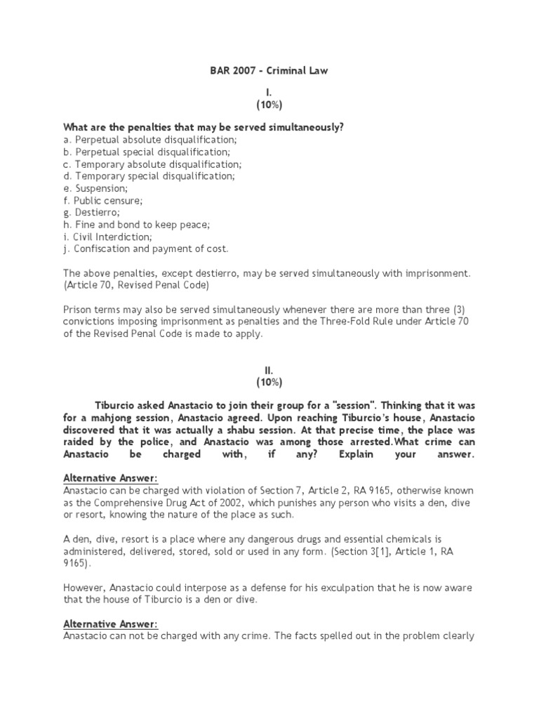 2007 Crim Law Bar Exam Q & A PDF Sentence (Law) Criminal Law