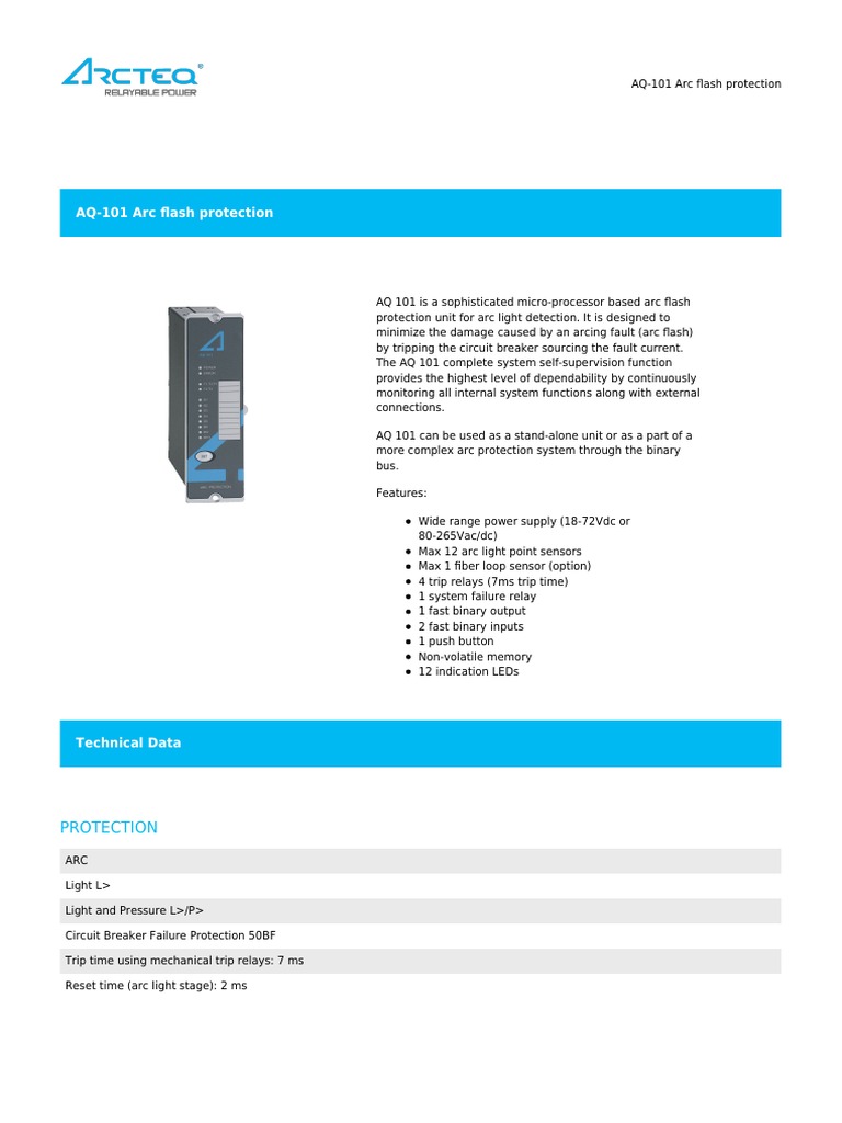 AQ-101 Arc Flash Protection System | PDF | Relay | Power Supply