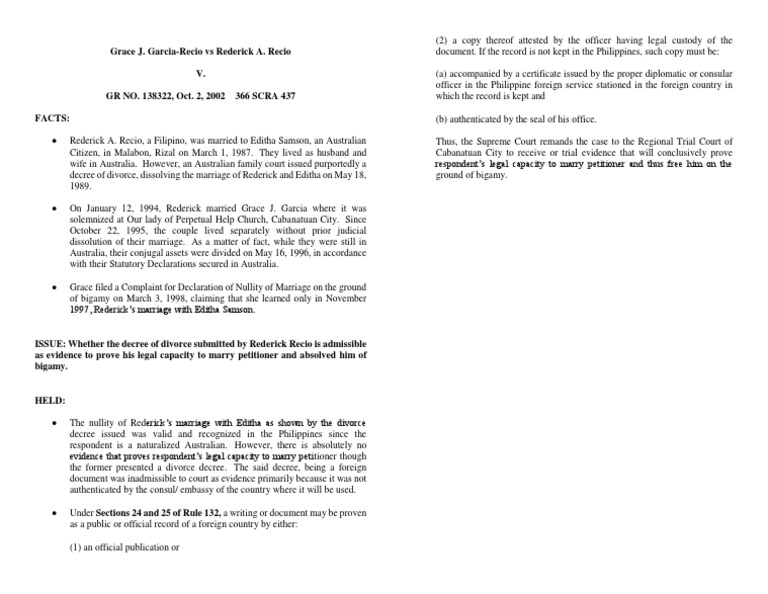 Garcia V Recio Case Digest PDF Marriage Divorce