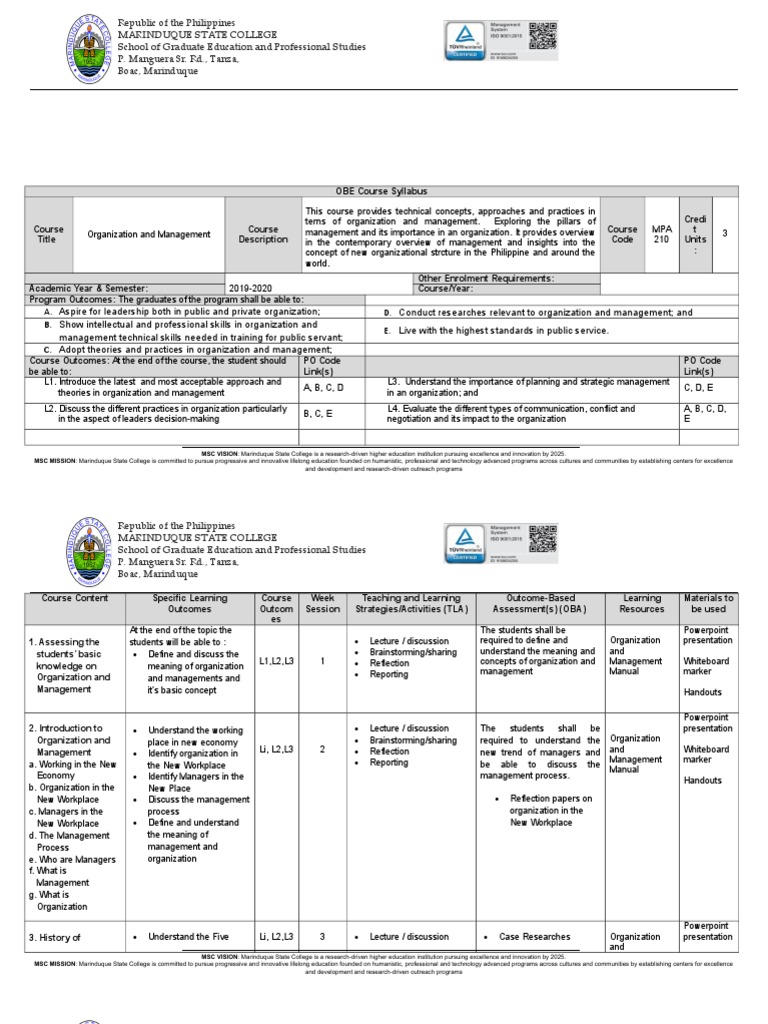 MPA 210: Organization and Management Syllabus | PDF | Leadership | Lecture