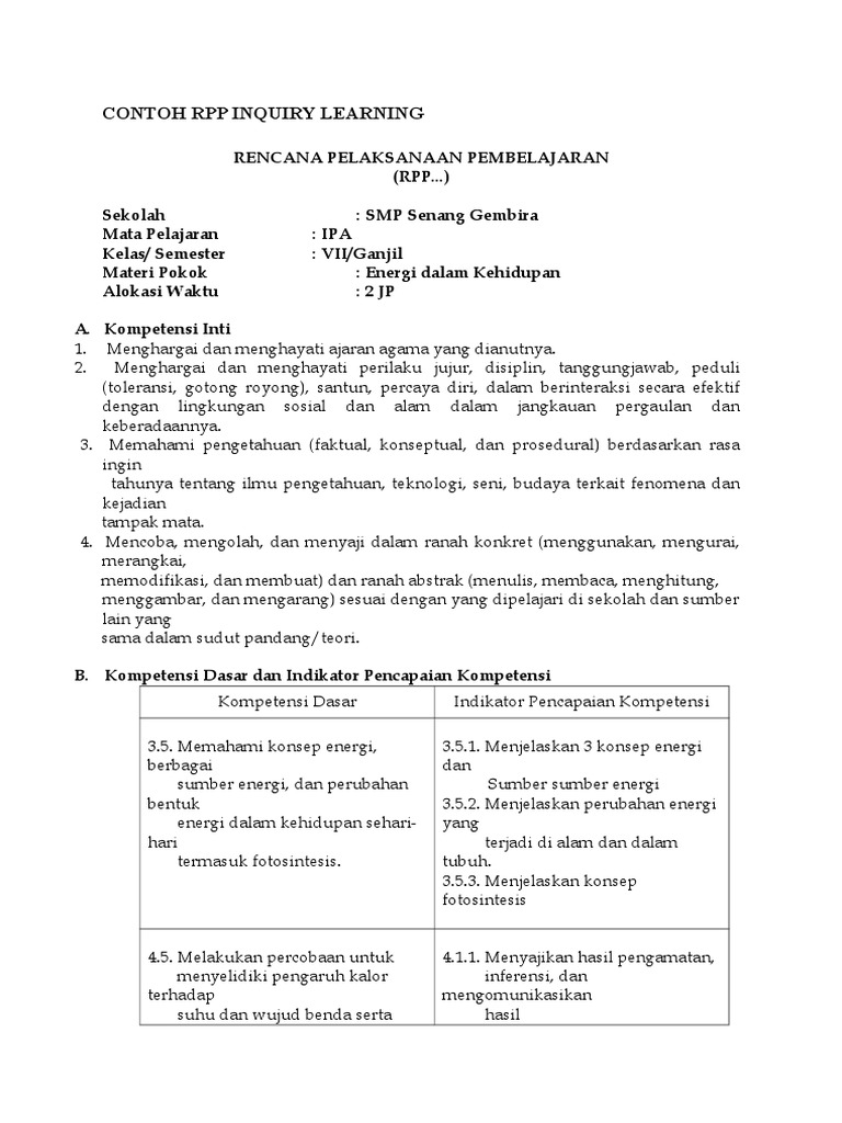 Contoh RPP Pembelajaran Inquiry SD | PDF | Sains & Matematika