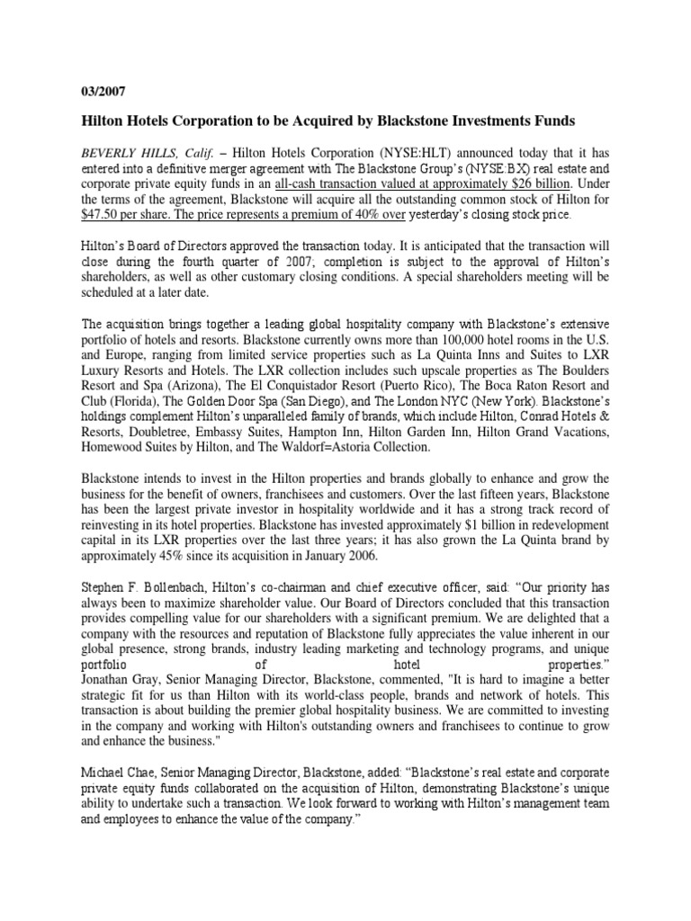Blackstone Purchase of Hilton PDF The Blackstone Group Hilton