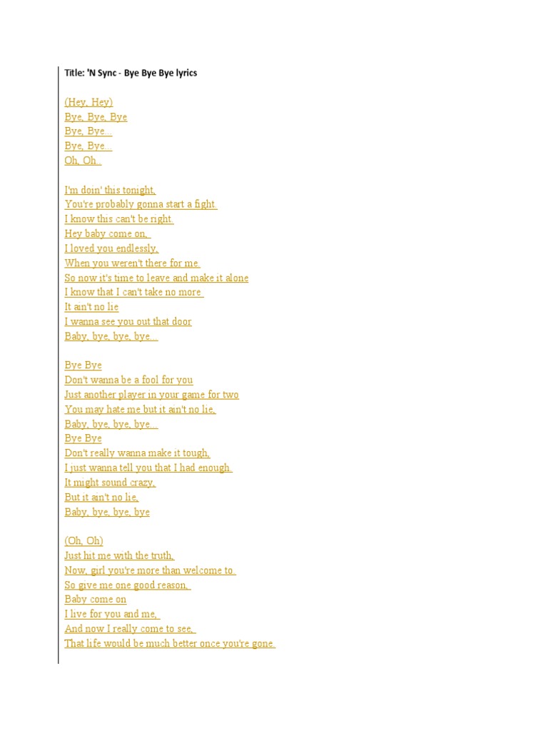 Title: 'N Sync - Bye Bye Bye Lyrics | PDF