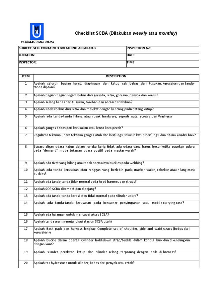 Checklist Inspeksi SCBA Bulanan | PDF