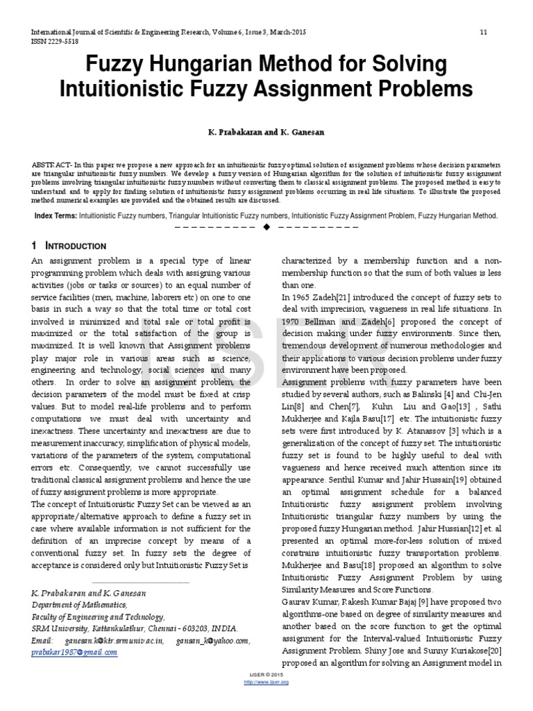 Fuzzy Hungarian Method For Solving Intuitionistic Fuzzy | PDF | Fuzzy ...