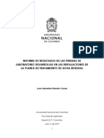 INFORME DE RESULTADOS DE LAS PRUEBAS DE LABORATORIO DESARROLLAS EN LAS INSTALACIONES DE LA PLANTA DE TRATAMIENTO DE AGUA RESIDUAL