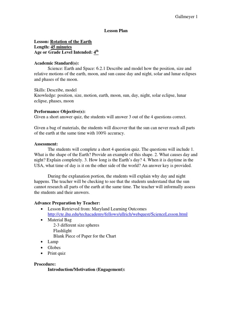 Earth Rotation Lesson Plan for 4th Grade | PDF | Night | Rotation