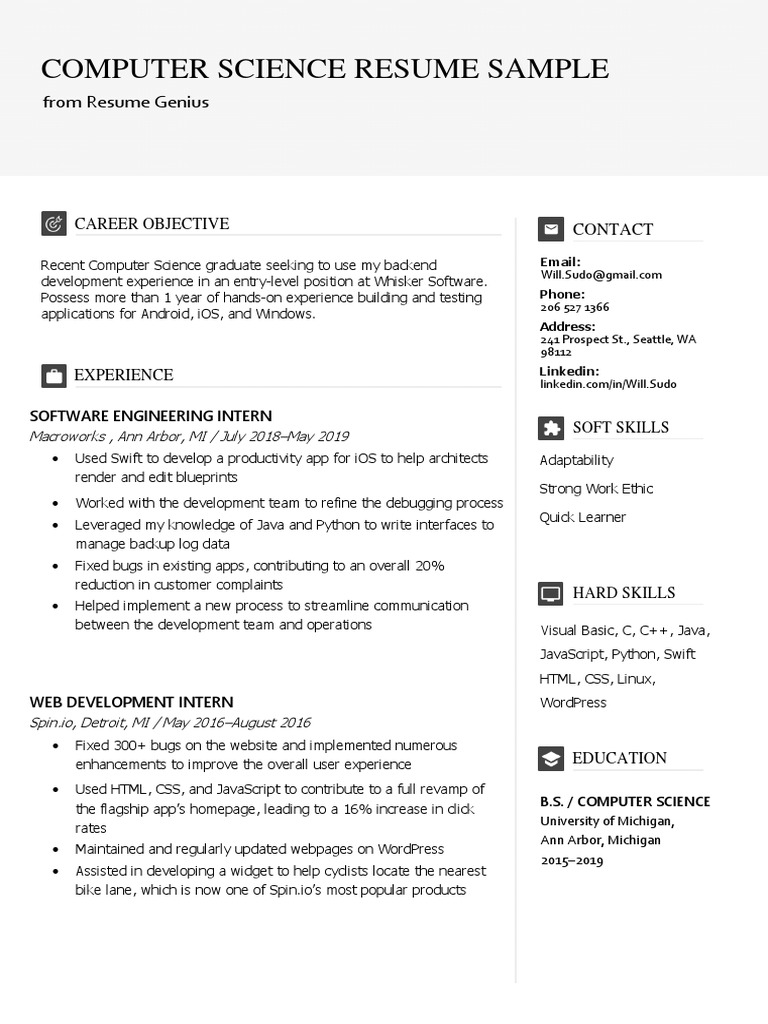 Entry-Level Computer Science Resume Sample | PDF | Application Software ...