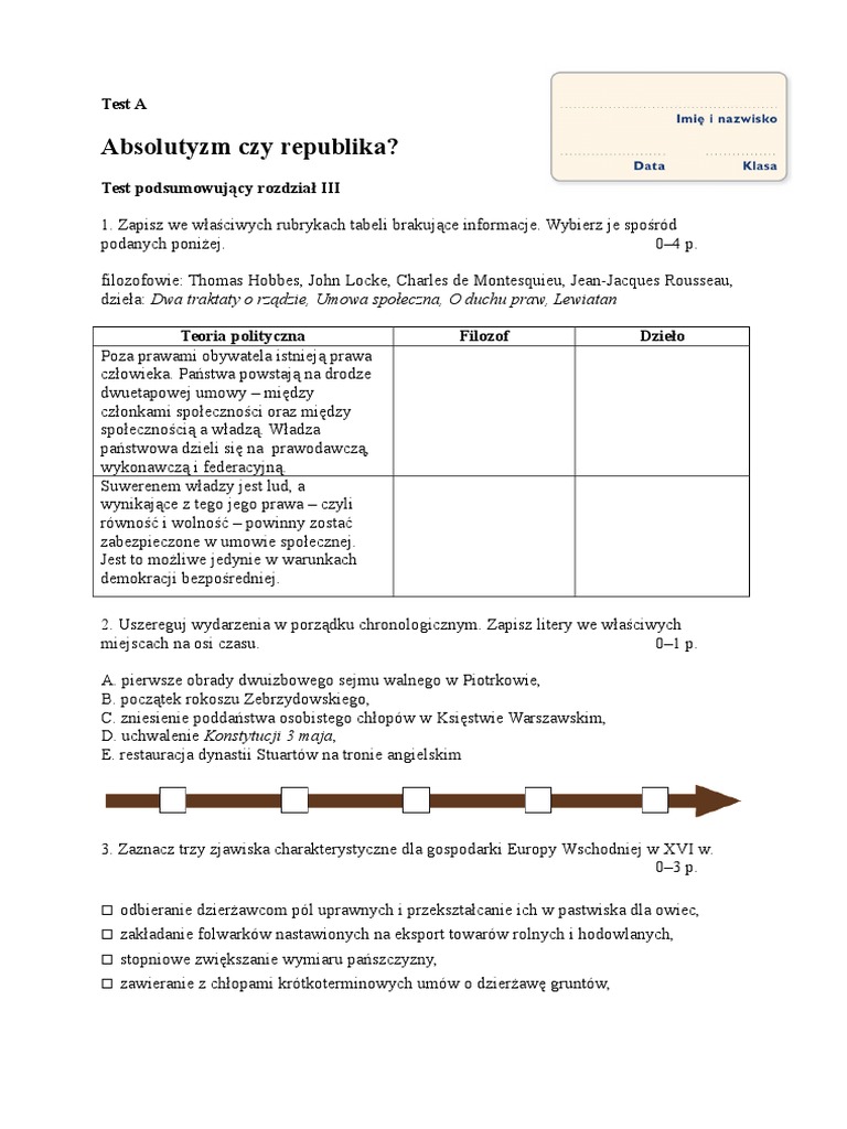 Rzeczpospolita Szlachecka Sprawdzian Klasa 6