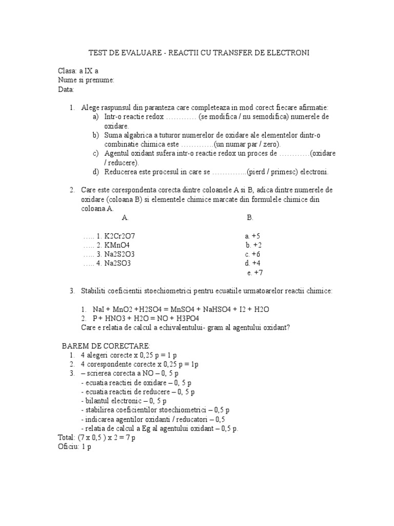 Testdeevaluareclasaa9areactiiredox