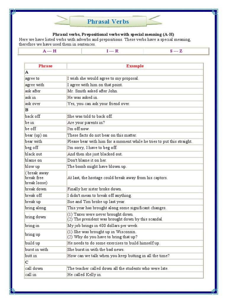 Phrasal and Prepositional Verbs A-H | PDF | Phrase | Preposition And ...
