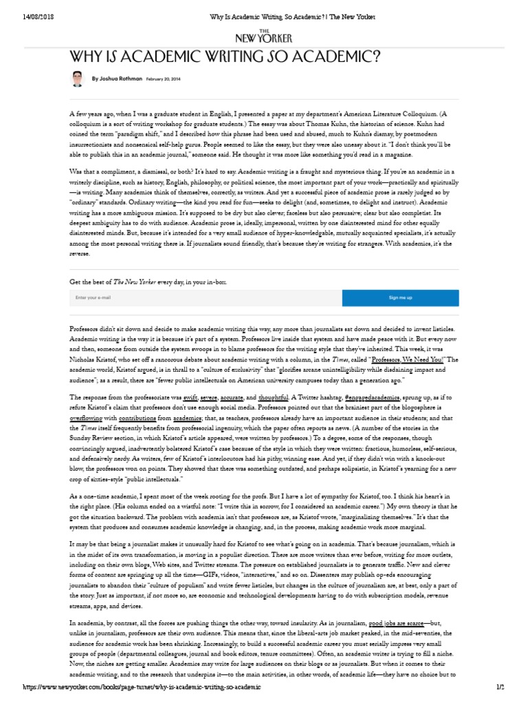 Why Is Academic Writing So Academic? by Joshua Rothman | PDF | Journalism