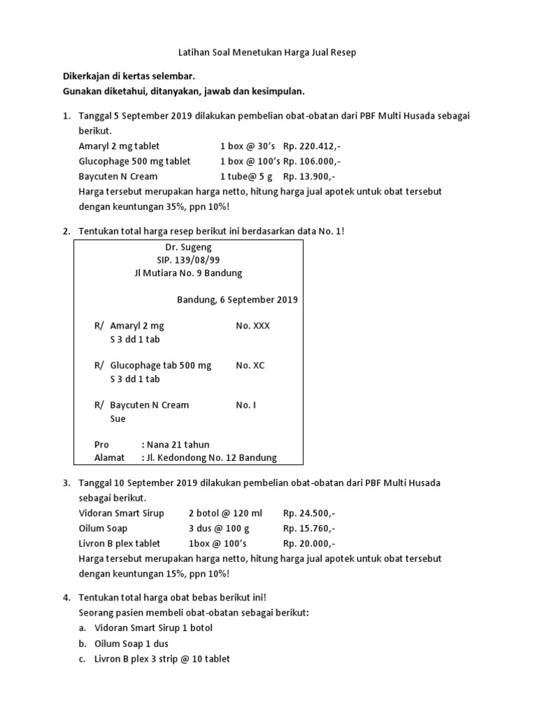 Soal Latihan Harga Jual Resep Obat | PDF