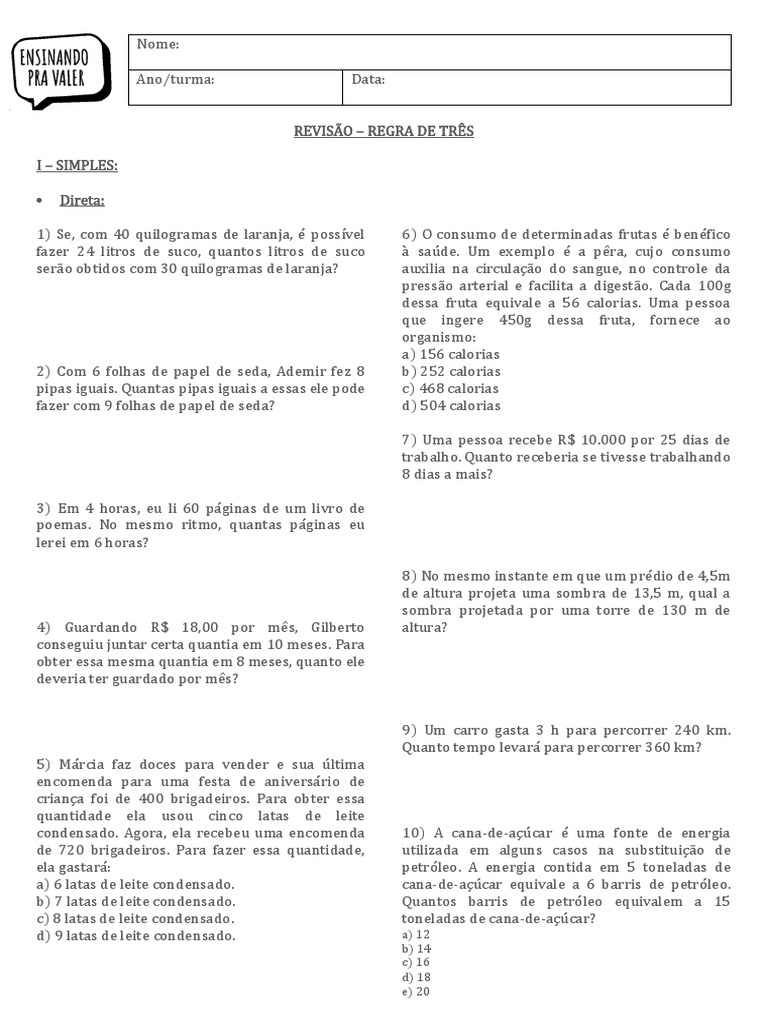 Exercícios de Regra de Três Simples 7º Ano | PDF | Gatos | Alimentos
