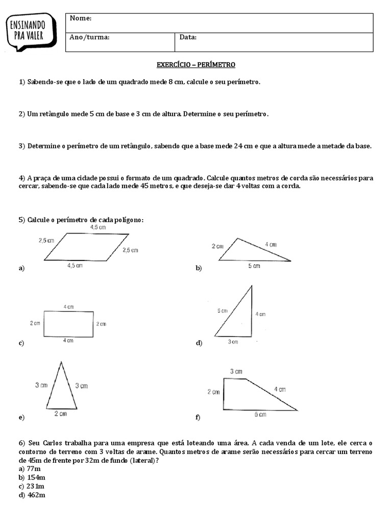 6o Ano - Exercicio - PERÍMETRO | PDF | Ensino de Matemática | Natureza